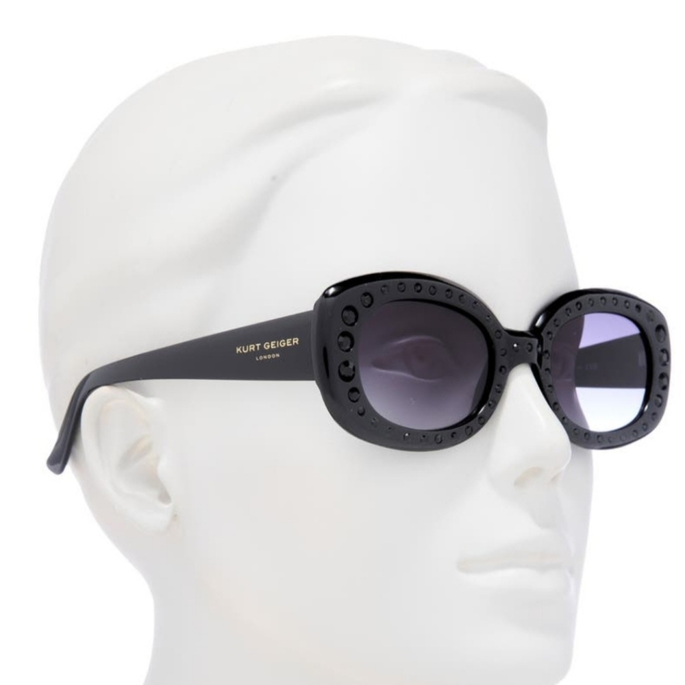 Kurt Geiger 50mm Black Oval Sunglasses w/Faceted Stone Accents On Frame, NWT